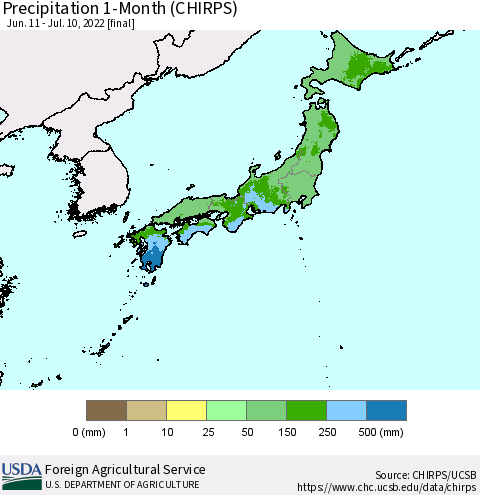 Japan Precipitation 1-Month (CHIRPS) Thematic Map For 6/11/2022 - 7/10/2022