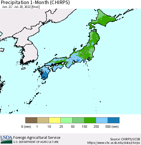 Japan Precipitation 1-Month (CHIRPS) Thematic Map For 6/21/2022 - 7/20/2022