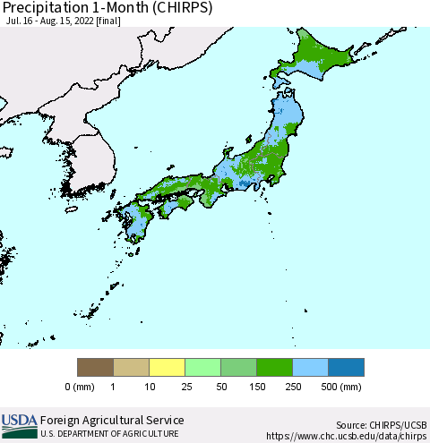 Japan Precipitation 1-Month (CHIRPS) Thematic Map For 7/16/2022 - 8/15/2022