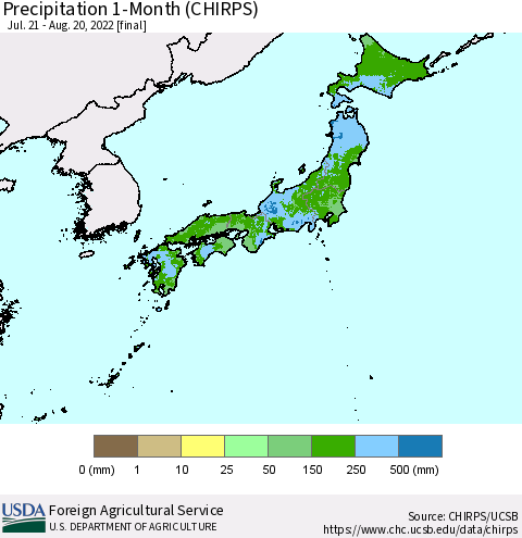Japan Precipitation 1-Month (CHIRPS) Thematic Map For 7/21/2022 - 8/20/2022