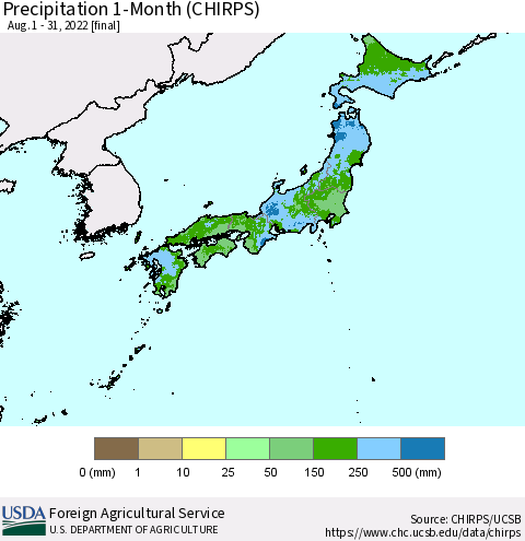 Japan Precipitation 1-Month (CHIRPS) Thematic Map For 8/1/2022 - 8/31/2022