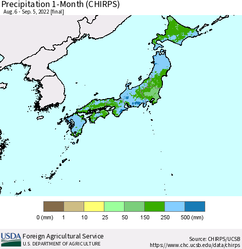 Japan Precipitation 1-Month (CHIRPS) Thematic Map For 8/6/2022 - 9/5/2022