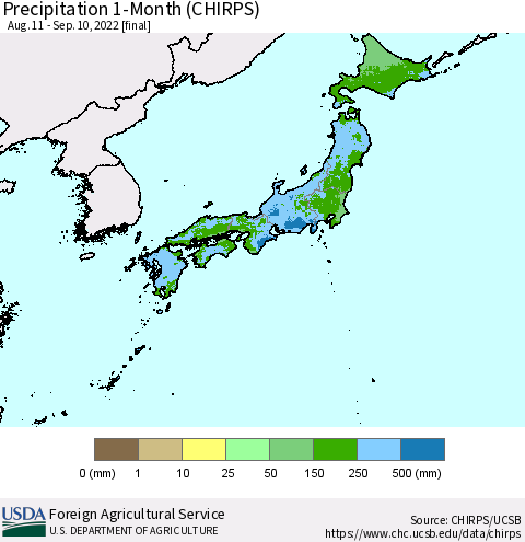 Japan Precipitation 1-Month (CHIRPS) Thematic Map For 8/11/2022 - 9/10/2022