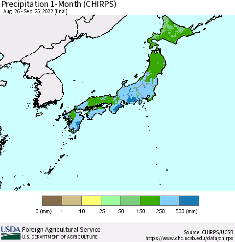 Japan Precipitation 1-Month (CHIRPS) Thematic Map For 8/26/2022 - 9/25/2022