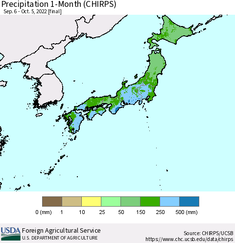 Japan Precipitation 1-Month (CHIRPS) Thematic Map For 9/6/2022 - 10/5/2022