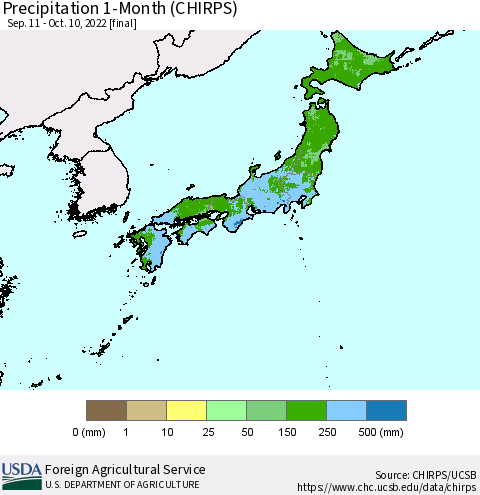 Japan Precipitation 1-Month (CHIRPS) Thematic Map For 9/11/2022 - 10/10/2022