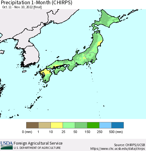 Japan Precipitation 1-Month (CHIRPS) Thematic Map For 10/11/2022 - 11/10/2022
