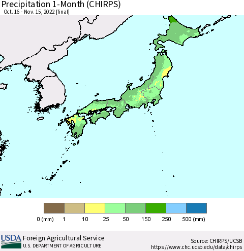 Japan Precipitation 1-Month (CHIRPS) Thematic Map For 10/16/2022 - 11/15/2022