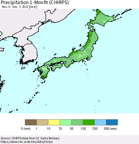 Japan Precipitation 1-Month (CHIRPS) Thematic Map For 11/6/2022 - 12/5/2022