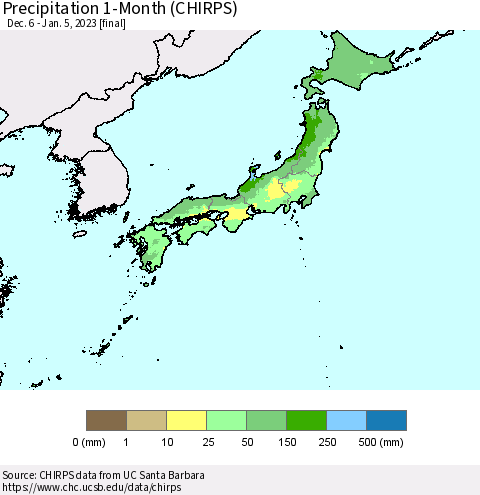 Japan Precipitation 1-Month (CHIRPS) Thematic Map For 12/6/2022 - 1/5/2023