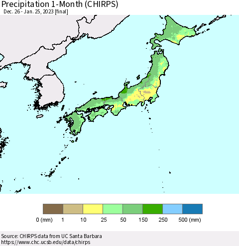 Japan Precipitation 1-Month (CHIRPS) Thematic Map For 12/26/2022 - 1/25/2023