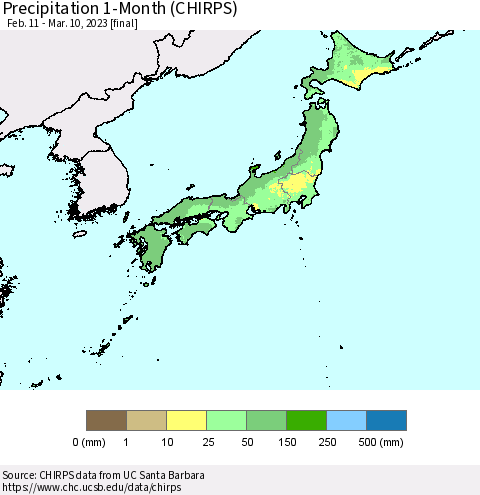 Japan Precipitation 1-Month (CHIRPS) Thematic Map For 2/11/2023 - 3/10/2023