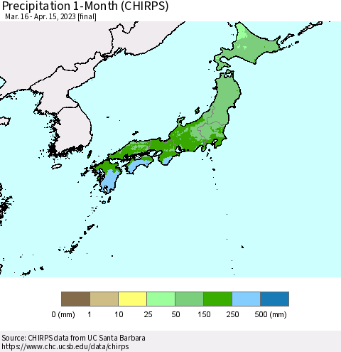Japan Precipitation 1-Month (CHIRPS) Thematic Map For 3/16/2023 - 4/15/2023
