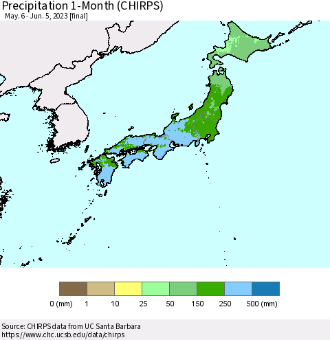 Japan Precipitation 1-Month (CHIRPS) Thematic Map For 5/6/2023 - 6/5/2023