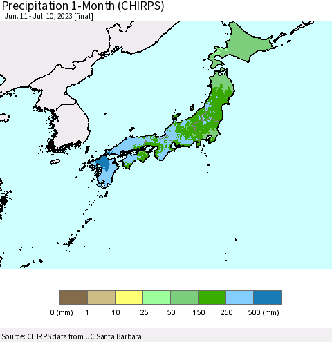 Japan Precipitation 1-Month (CHIRPS) Thematic Map For 6/11/2023 - 7/10/2023
