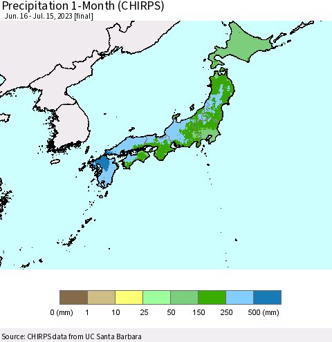 Japan Precipitation 1-Month (CHIRPS) Thematic Map For 6/16/2023 - 7/15/2023