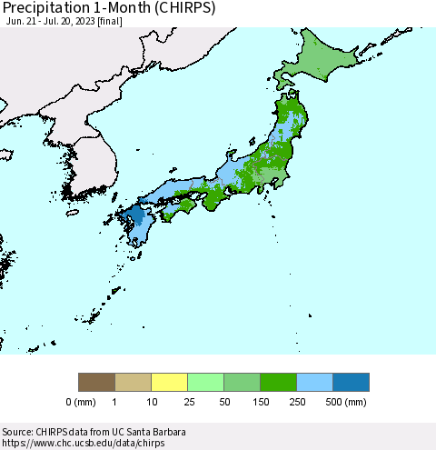 Japan Precipitation 1-Month (CHIRPS) Thematic Map For 6/21/2023 - 7/20/2023
