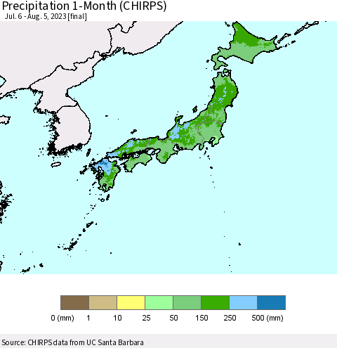 Japan Precipitation 1-Month (CHIRPS) Thematic Map For 7/6/2023 - 8/5/2023