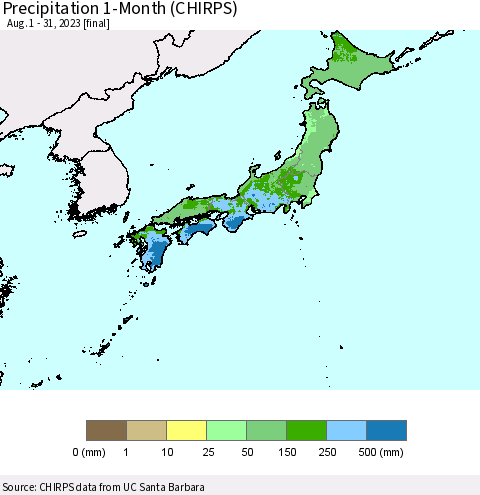 Japan Precipitation 1-Month (CHIRPS) Thematic Map For 8/1/2023 - 8/31/2023