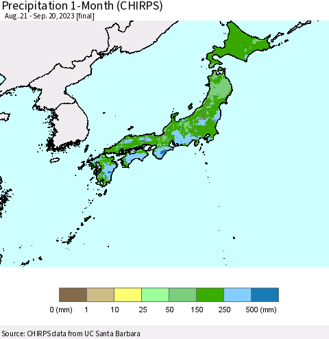 Japan Precipitation 1-Month (CHIRPS) Thematic Map For 8/21/2023 - 9/20/2023