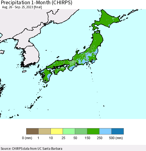 Japan Precipitation 1-Month (CHIRPS) Thematic Map For 8/26/2023 - 9/25/2023