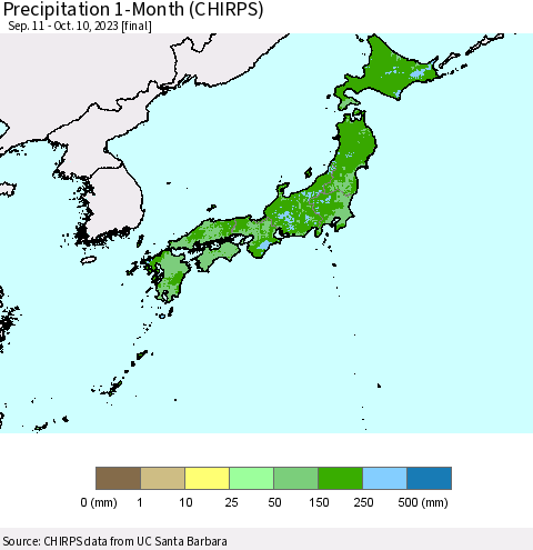 Japan Precipitation 1-Month (CHIRPS) Thematic Map For 9/11/2023 - 10/10/2023