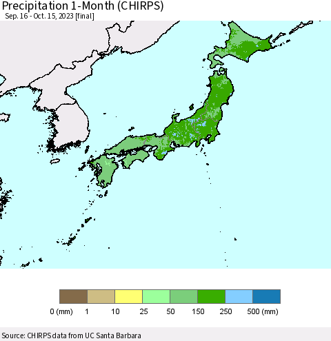 Japan Precipitation 1-Month (CHIRPS) Thematic Map For 9/16/2023 - 10/15/2023
