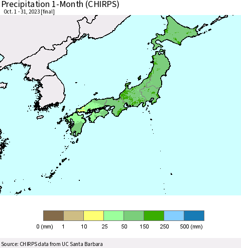 Japan Precipitation 1-Month (CHIRPS) Thematic Map For 10/1/2023 - 10/31/2023
