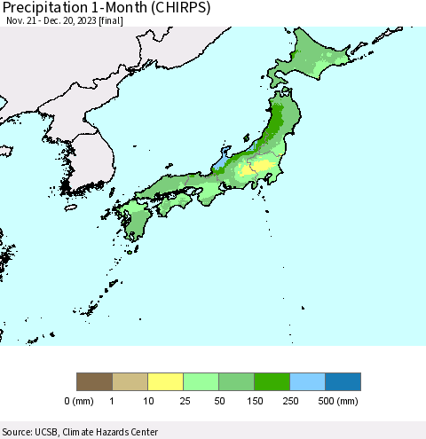 Japan Precipitation 1-Month (CHIRPS) Thematic Map For 11/21/2023 - 12/20/2023