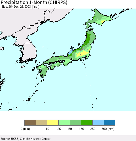 Japan Precipitation 1-Month (CHIRPS) Thematic Map For 11/26/2023 - 12/25/2023