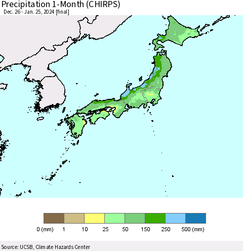 Japan Precipitation 1-Month (CHIRPS) Thematic Map For 12/26/2023 - 1/25/2024