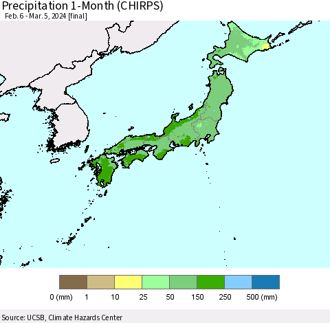 Japan Precipitation 1-Month (CHIRPS) Thematic Map For 2/6/2024 - 3/5/2024