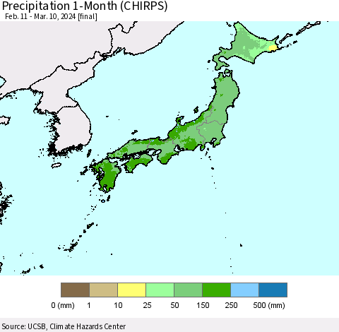 Japan Precipitation 1-Month (CHIRPS) Thematic Map For 2/11/2024 - 3/10/2024