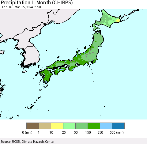 Japan Precipitation 1-Month (CHIRPS) Thematic Map For 2/16/2024 - 3/15/2024