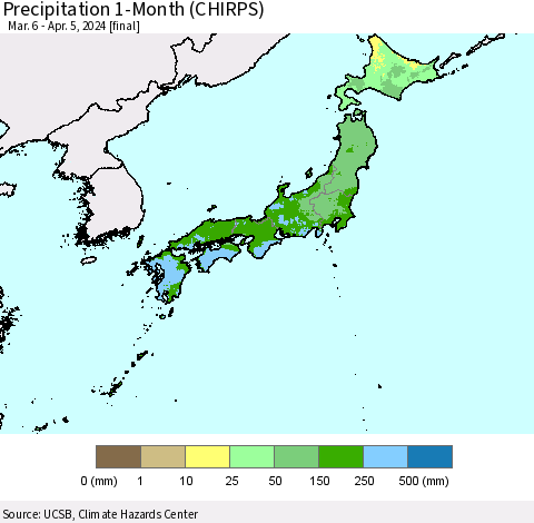 Japan Precipitation 1-Month (CHIRPS) Thematic Map For 3/6/2024 - 4/5/2024