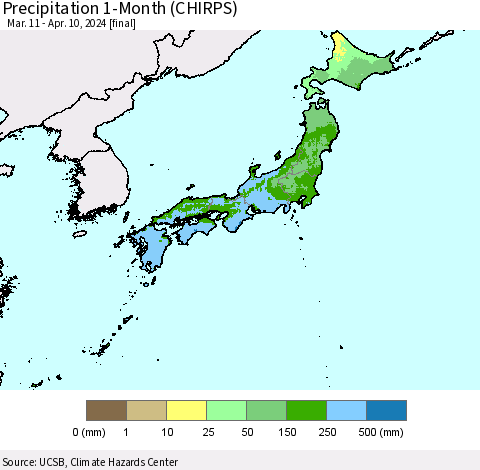 Japan Precipitation 1-Month (CHIRPS) Thematic Map For 3/11/2024 - 4/10/2024