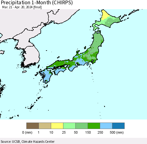 Japan Precipitation 1-Month (CHIRPS) Thematic Map For 3/21/2024 - 4/20/2024