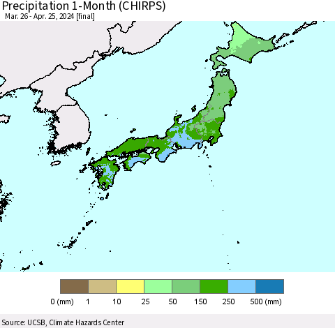 Japan Precipitation 1-Month (CHIRPS) Thematic Map For 3/26/2024 - 4/25/2024