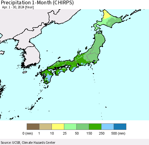 Japan Precipitation 1-Month (CHIRPS) Thematic Map For 4/1/2024 - 4/30/2024
