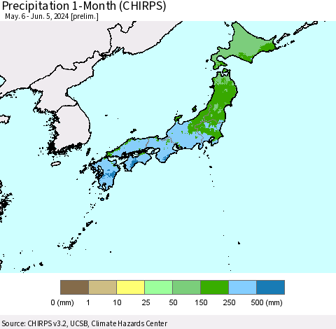 Japan Precipitation 1-Month (CHIRPS) Thematic Map For 5/6/2024 - 6/5/2024