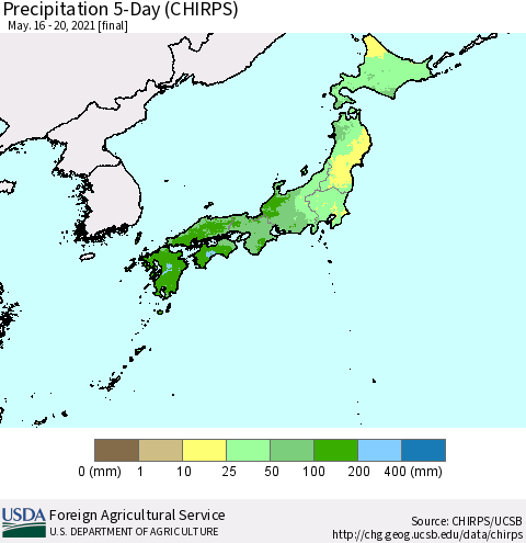 Japan Precipitation 5-Day (CHIRPS) Thematic Map For 5/16/2021 - 5/20/2021