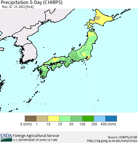 Japan Precipitation 5-Day (CHIRPS) Thematic Map For 5/21/2021 - 5/25/2021