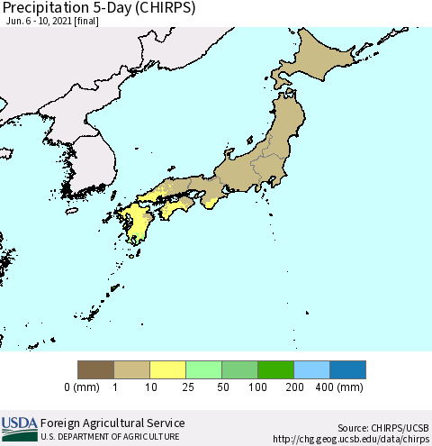 Japan Precipitation 5-Day (CHIRPS) Thematic Map For 6/6/2021 - 6/10/2021