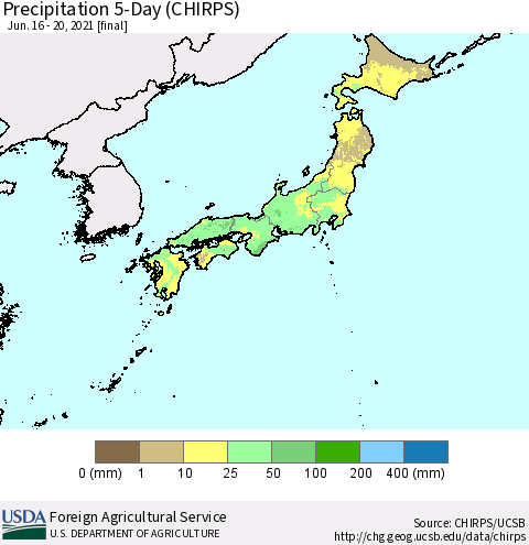 Japan Precipitation 5-Day (CHIRPS) Thematic Map For 6/16/2021 - 6/20/2021