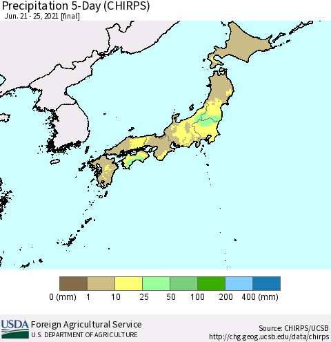 Japan Precipitation 5-Day (CHIRPS) Thematic Map For 6/21/2021 - 6/25/2021