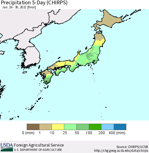 Japan Precipitation 5-Day (CHIRPS) Thematic Map For 6/26/2021 - 6/30/2021