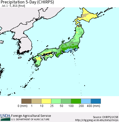 Japan Precipitation 5-Day (CHIRPS) Thematic Map For 7/1/2021 - 7/5/2021