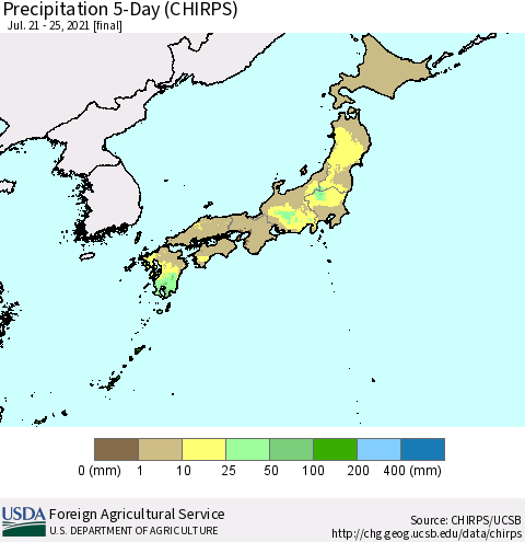 Japan Precipitation 5-Day (CHIRPS) Thematic Map For 7/21/2021 - 7/25/2021