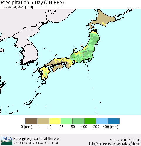 Japan Precipitation 5-Day (CHIRPS) Thematic Map For 7/26/2021 - 7/31/2021
