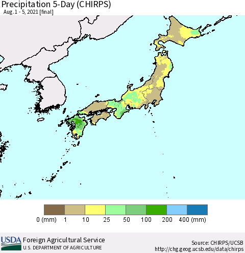Japan Precipitation 5-Day (CHIRPS) Thematic Map For 8/1/2021 - 8/5/2021